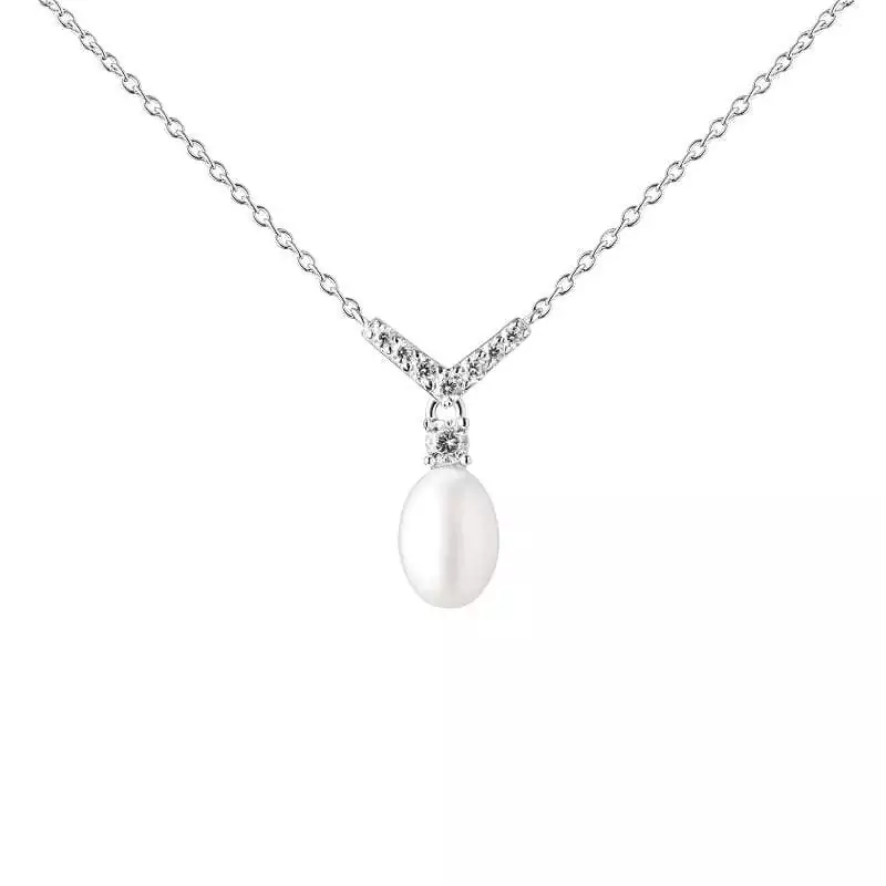 Silberkette mit Perlenanhänger weiß mm mit Zirkonia, 41 cm, 925er Silber, Gaura Pearls, Estland
